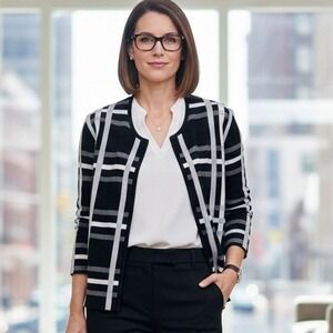 Elle XL $110 Black Gray Plaid Open‎ Cardigan Academic Chic